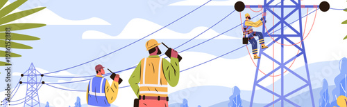 Electrical linemen working on power lines teamwork safety equipment outdoor utility tower blue sky landscape