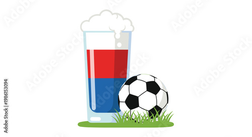 A tall glass of beer featuring the Russian flag colors stands beside a classic black and white soccer ball on a patch of green grass against white.