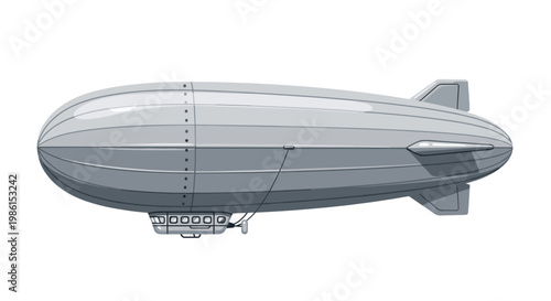 A meticulously detailed gray zeppelin airship features visible metal rivets and a small passenger cabin while floating gracefully against a stark white background.