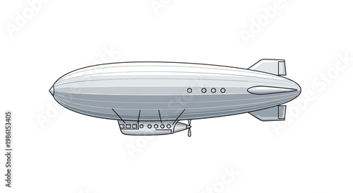 A sleek and streamlined gray dirigible airship showcases small circular portholes and a rear propeller as it floats calmly against a clean white backdrop.