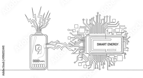 Continuous Line Art Energy Flow Battery Circuits Smart Energy Technology Minimal Illustration
