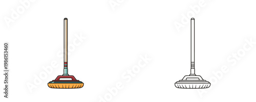 Curling broom cartoon illustrations in orange and black line styles representing professional sweeping equipment for ice sports isolated on white background