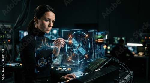 Global instability cyber control room woman engineer digital interface satellite monitoring network data analysis futuristic technology