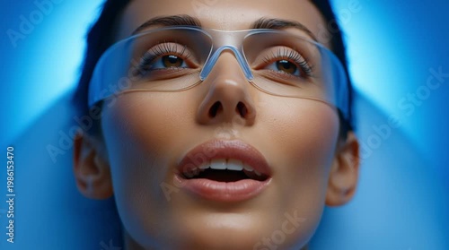 Close up portrait of european woman wearing protective glasses with closed eyes during cosmetic procedure representing beauty treatment and skincare technology