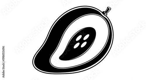 Bold black and white silhouette illustration of a halved mango, emphasizing its distinctive shape and internal seed.