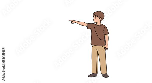 A young boy wearing a simple brown t-shirt and khaki pants stands sideways while pointing his index finger toward an unseen object on a white backdrop.