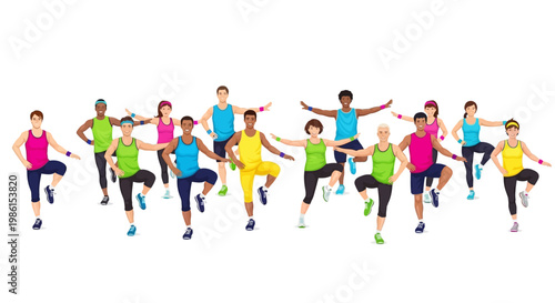 Diverse group of people participating in a fitness activity illustration, doing aerobic exercises with outstretched arms and raised knees in a studio with a clean white background
