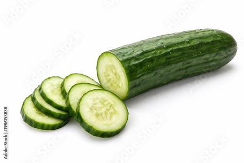 Fresh Cucumber Slices: A vibrant and crisp image of a fresh cucumber, partially sliced to reveal the juicy interior, ready for a healthy snack or culinary creation.