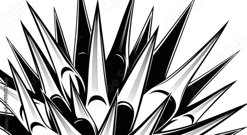Intense black and white abstract illustration featuring sharp, spiky forms converging, creating a dynamic and striking visual.