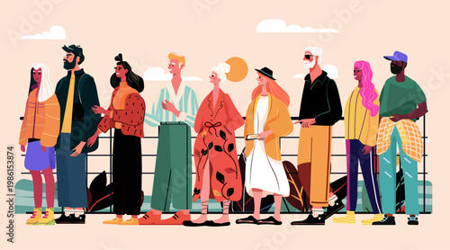 Group of diverse people outdoor travel tourism standing together colorful clothing casual style sunny background modern flat design