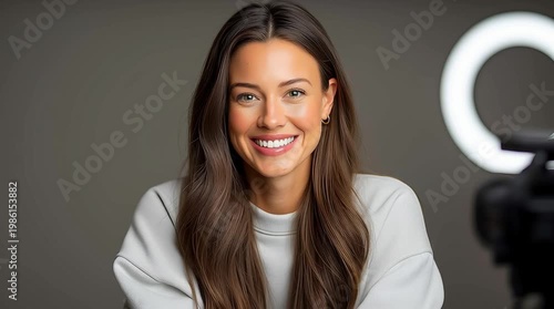 Close up portrait of european woman smiling while recording video with ring light for social media content creation and online communication