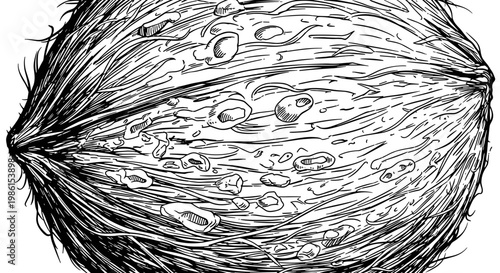 Detailed close-up woodcut style illustration of a textured coconut shell, highlighting its hairy fibers and rugged surface.