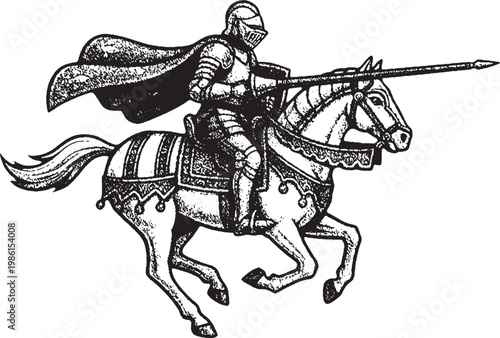 Galloping Medieval Knight Charging with Lance Vintage Illustration. Vintage-style engraving of a medieval knight in full armor on a galloping horse, charging with a leveled lance and flowing cape.