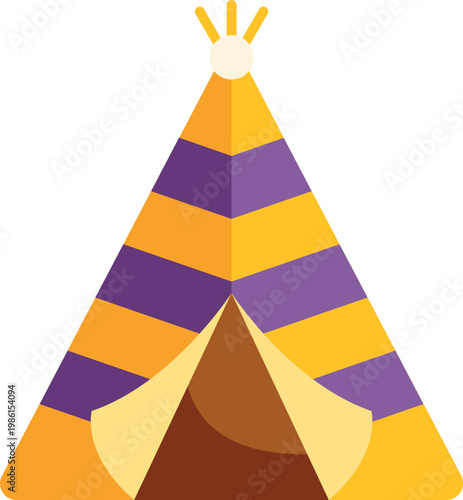 Teepee graphic featuring alternating yellow and purple stripes with an open entrance