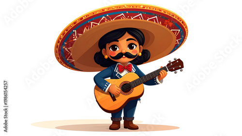 A cheerful character playing a guitar with a sombrero and mustache Vector