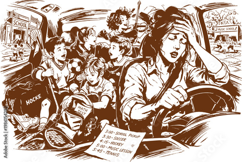 Stressed Mom School Run Chaos Vector