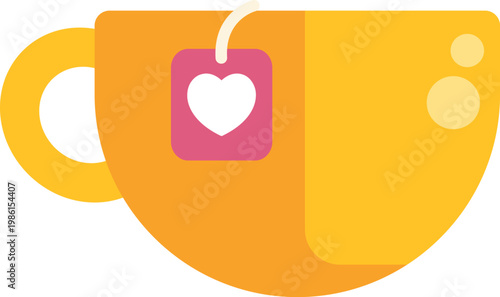 Yellow cup with a heart design tea bag brewing a hot beverage