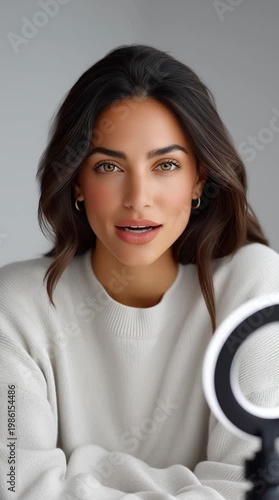 Close up portrait of european woman with natural makeup recording video with ring light for social media content creation