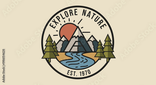 Explore nature with a scenic mountain landscape illustration featuring a river, trees, and sunset