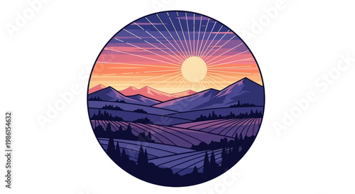 Vector graphic illustration of a serene mountain landscape at sunset with a circular frame and vibrant purple, pink, and orange hues in the sky