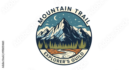 Mountain Trail Explorer's Guild logo features a scenic mountain landscape with a river and trees under a starry night sky