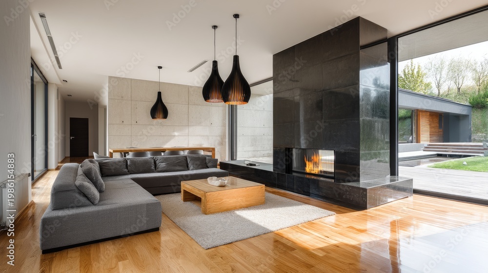 Obraz premium Modern Minimalist Living Room Design with Cozy Fireplace Accent