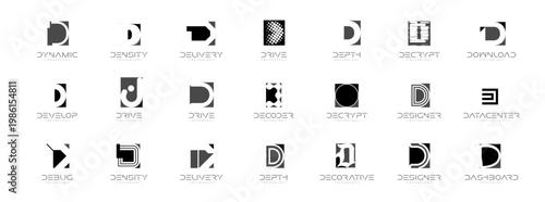 Geometric letters D modern logo concept set for technology startups, diverse businesses, construction companies, shopping center logos, seller monograms. Vector symbols collection