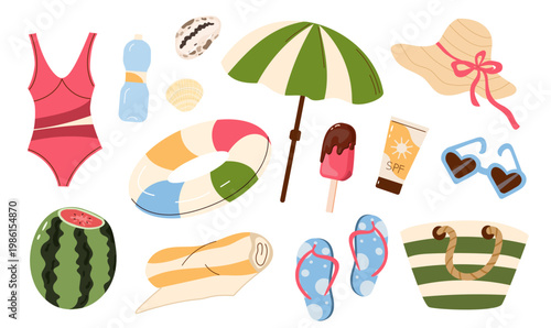 Collection of summer vacation elements including swimsuit, sun hat, flip flops and beach umbrella. Vector icons for seasonal travel and resort decor.