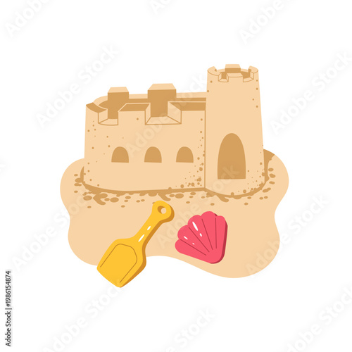 Summer beach sand castle with decorative tower, pink seashell and yellow shovel. Vector illustration for kids vacation and seaside travel design.