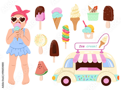 Set of summer treats featuring a girl eating ice cream, ice cream van and various popsicles. Vector elements for seasonal cafe and food design.
