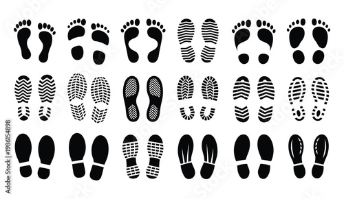 

Human footprints and shoe sole prints vector set with kids feet walking trail and footwear tread icons, clean isolated illustration