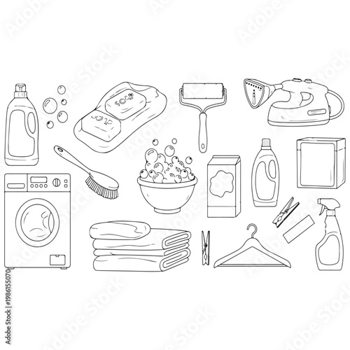 Laundry room cleaning and washing supplies vector with fabric softener, stain remover vector