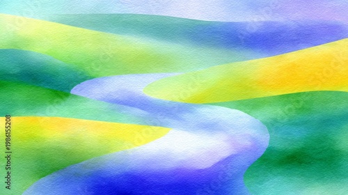 A serene river gently curves through lush hills painted in shades of green and yellow, reflecting the calming colors of a dreamy sky. Nature's beauty enchants the scene