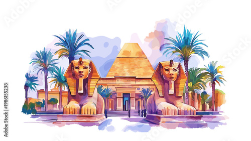 Egyptian Museum. Egyptian Museum hand drawn watercolor illustration on white background