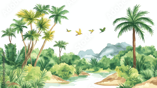 Djoudj National Bird Sanctuary. Djoudj National Bird Sanctuary hand drawn watercolor illustration on white background