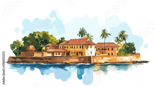 Goree Island. Goree Island hand drawn watercolor illustration on white background