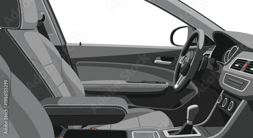 A sophisticated grayscale illustration captures the detailed interior of a modern vehicle featuring plush leather seats in a sleek monochrome color motif.