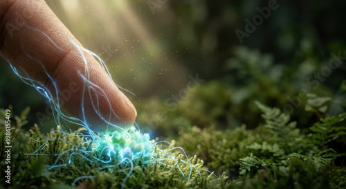 Nature's Touch: A close-up view of a hand touching vibrant moss in a forest, where the magic of nature ignites a mystical glow, creating a moment of connection and wonder.