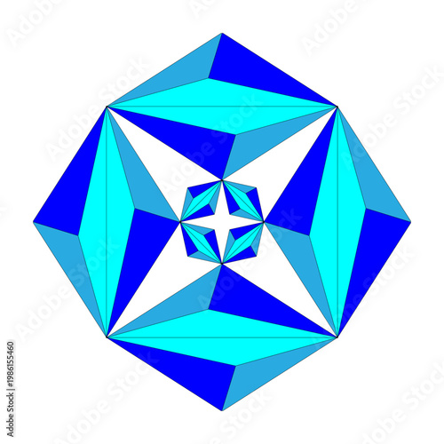 Bright blue star. Sharp faceted Vector figure. Symmetric geometric ornament. Cold diamond sapphire jewel shapes craft.