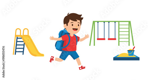 A cheerful young boy wearing a bright red shirt and a blue backpack runs excitedly through a playground in a sunny park with a vibrant color motif.