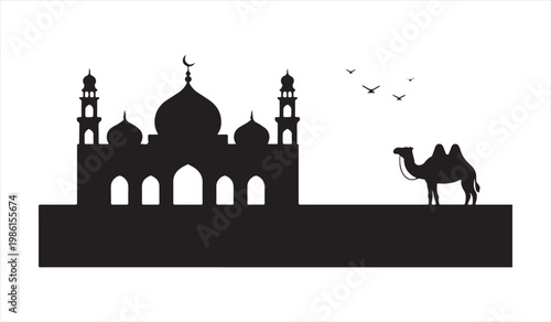 Middle Eastern mosque skyline with camel and birds minimal black silhouette design