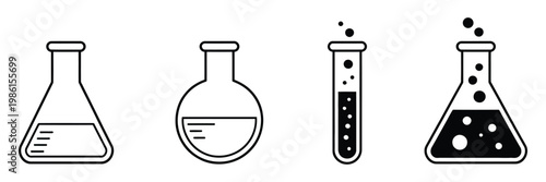 Laboratory chemical flasks icon set, clean editable stroke vector pack featuring Erlenmeyer flask, chemical solutions, and alchemy-inspired science icons for education, research labs, and medical 