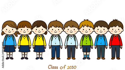 Group of diverse children standing together in matching colorful outfits Vector