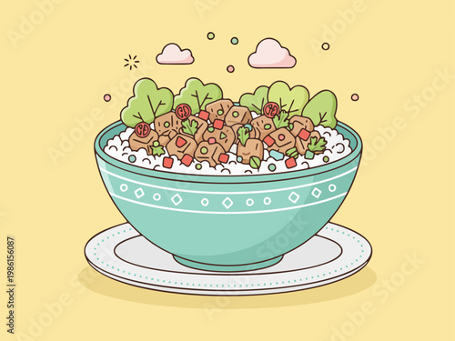 Minimalist flat vector illustration of burrito bowl with toppings food isolated on clean background with simple shapes and modern aesthetic. Perfect for menus, packaging, branding 