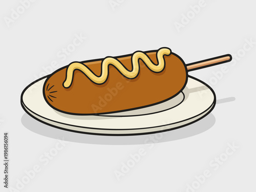 Minimalist flat vector illustration of corndog with mustard on a small plate food isolated on clean background with simple shapes and modern aesthetic. Perfect for menus, packaging, branding, and food
