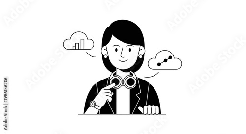 Female scientist with binoculars and cloud data icons