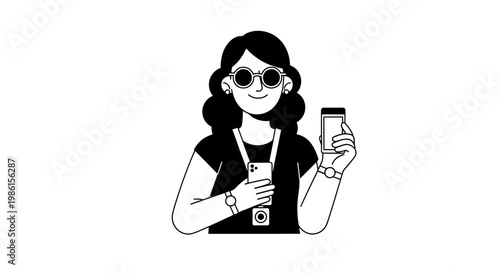 Woman with smartphone and camera taking self portrait