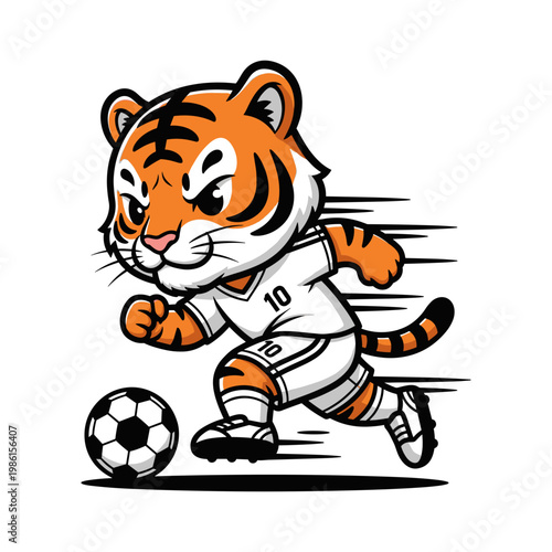 Dynamic Tiger Soccer Player Running with Ball Fast Cartoon Vector Illustration