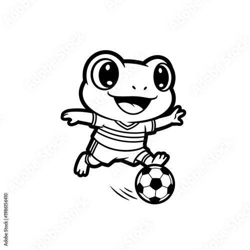 Smiling Frog Soccer Player Kicking Ball Outline Cartoon Vector Illustration