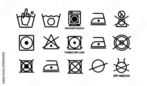 Clothing care symbols collection washing drying ironing instruction icons vector illustration